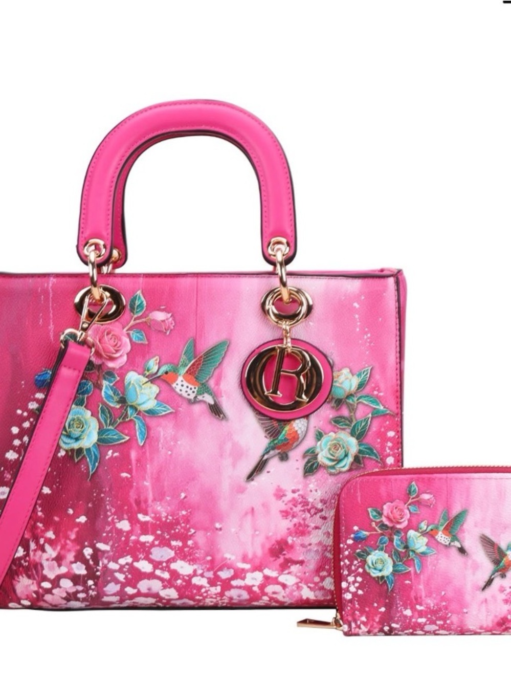 Pink Floral Hummingbird Tote Bag with Matching Wallet